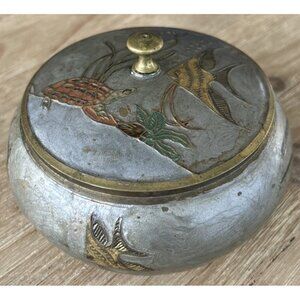 Vintage Round Enameled Brass Trinket Dish With Lid Sea Life Tropical Turtle Fish